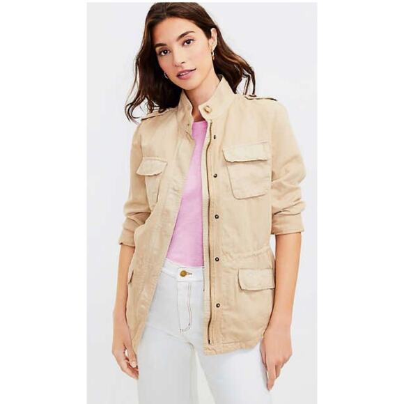Loft Twill Cargo Utility Jacket Womens Size Small Cotton Linen Long Sleeve New - Picture 1 of 12